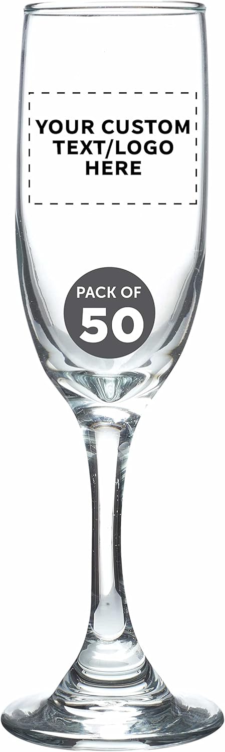 DISCOUNT PROMOS Custom Premiere Champagne Flutes 6.25 oz. Set of 50, Personalized Bulk Pack - Elegant Drinkware for Weddings, Events, & Promotional Gifts - Clear
