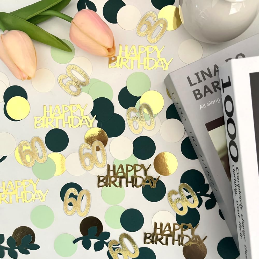 Sage Green 60th Happy Birthday Confetti, 60th Birthday Table Decorations Scatter Green Gold Foil Cake Confetti Decorations for 60 Bday Woman Men Party Decor 230 Pcs