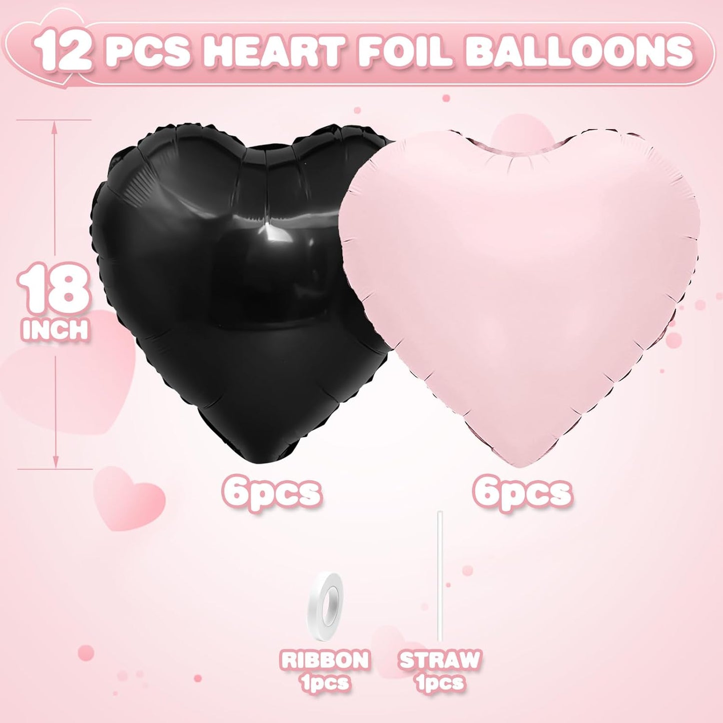 Black and Pink Heart Balloons,12Pcs 18Inch Baby Pink Black Heart Shaped Foil Helium Balloons for Baby Shower Birthday Anniversary Wedding Engagement Party Decorations