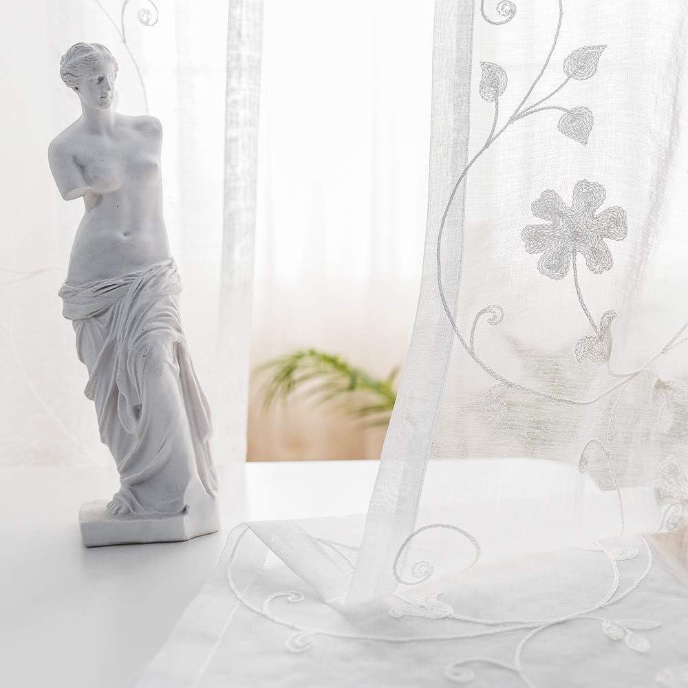 Sheer Curtains White 95 Inches Embroidered Floral, Window Treatments Rod Pocket Drapes for Living room, Bedroom, Semi Crinkle Voile Curtain Panels for Yard, Patio, Villa, Parlor, Set of 2, 52"x95".