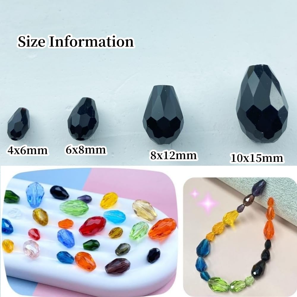 200pcs 4x6mm Teardrop Crystal Glass Beads Vertical Hole Faceted Glass Teardrop Spacer Beads for Bracelets Necklace Earring DIY Jewelry Making Craft(Black)