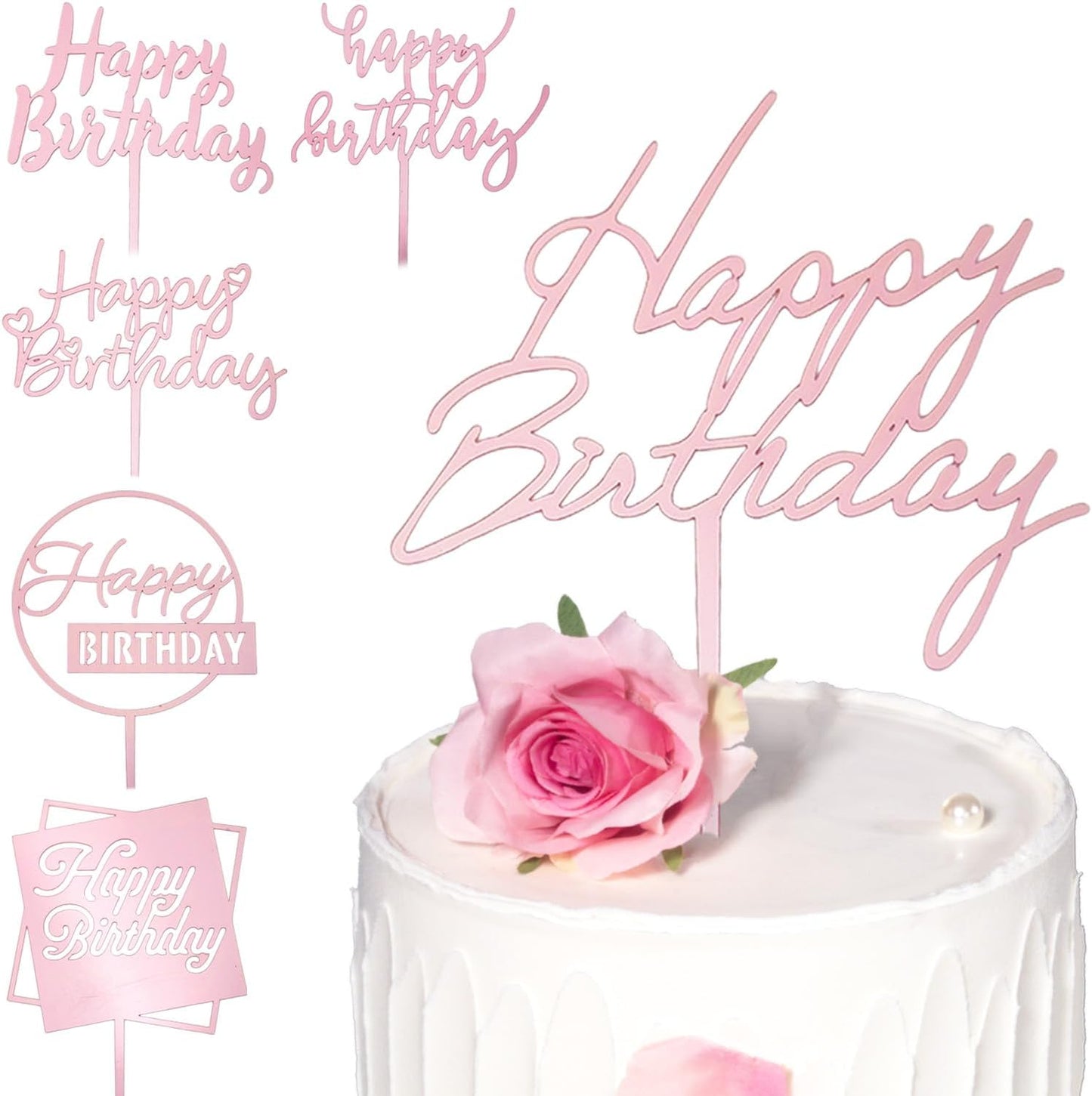 6-Pack Acrylic Birthday Cake Toppers, Minimalist Pink Happy Birthday Sign for Cake Decorations