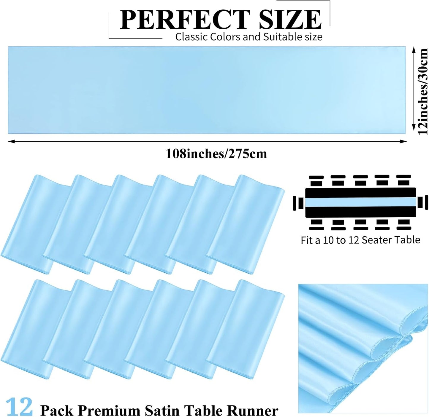 12 Pack Light Blue Satin Table Runner,12 x 108 inch Long Premium Smooth Table Runner for Wedding, Banquets, Birthday, Party, Graduation, Engagements,Table Runners fit Rectangle and Round Table