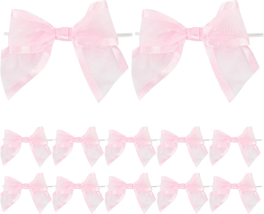 AIMUDI Pink Ribbon Bows 4" Organza Bows Premade Twist Ties Bows for Gift Wrapping Crafts Treat Bags Baskets Cake Pop Baby Shower Birthday Wedding Decor - 12 Counts