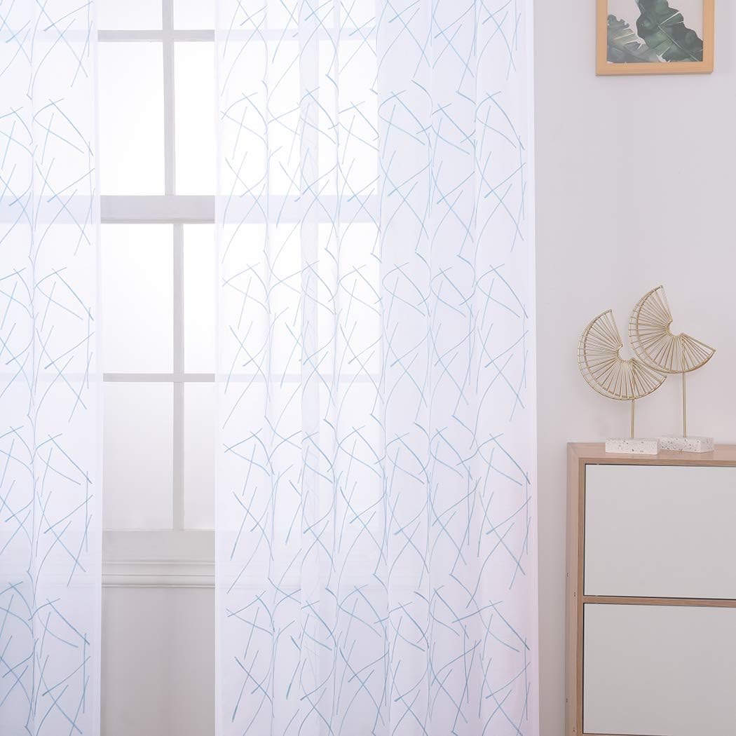 MYSTIC-HOME Sheer Blue Curtains 95 Inches Embroidered Branch Patterned Semi Window Treatments Rod Pocket Voile Curtain Panels for Living Room, Bedroom, Yard, Patio, Villa, Parlor, Set of 2, 52"x95".