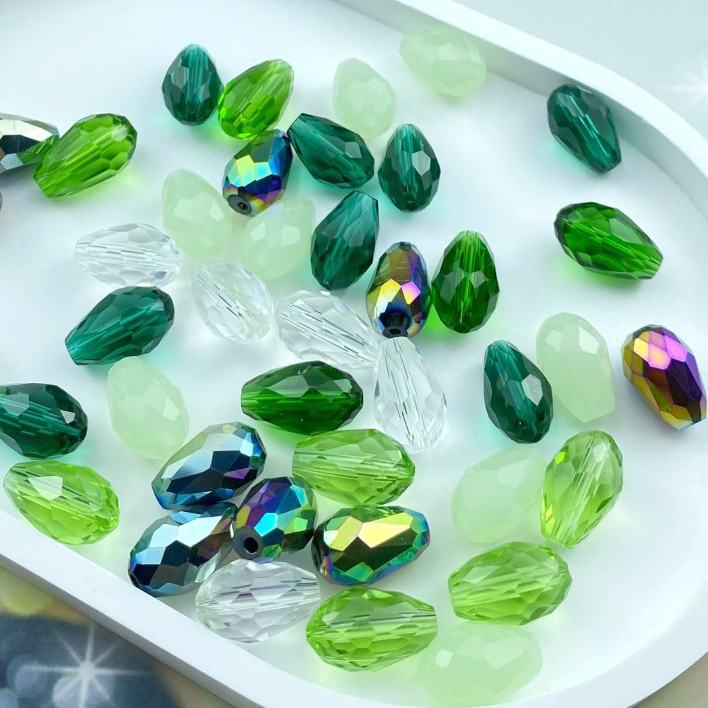 200pcs 4x6mm Teardrop Crystal Glass Beads Vertical Hole Faceted Loose Spacer Beads for DIY Craft Jewelry Making Necklace Bracelet Earring Wind Chimes(Green Series)