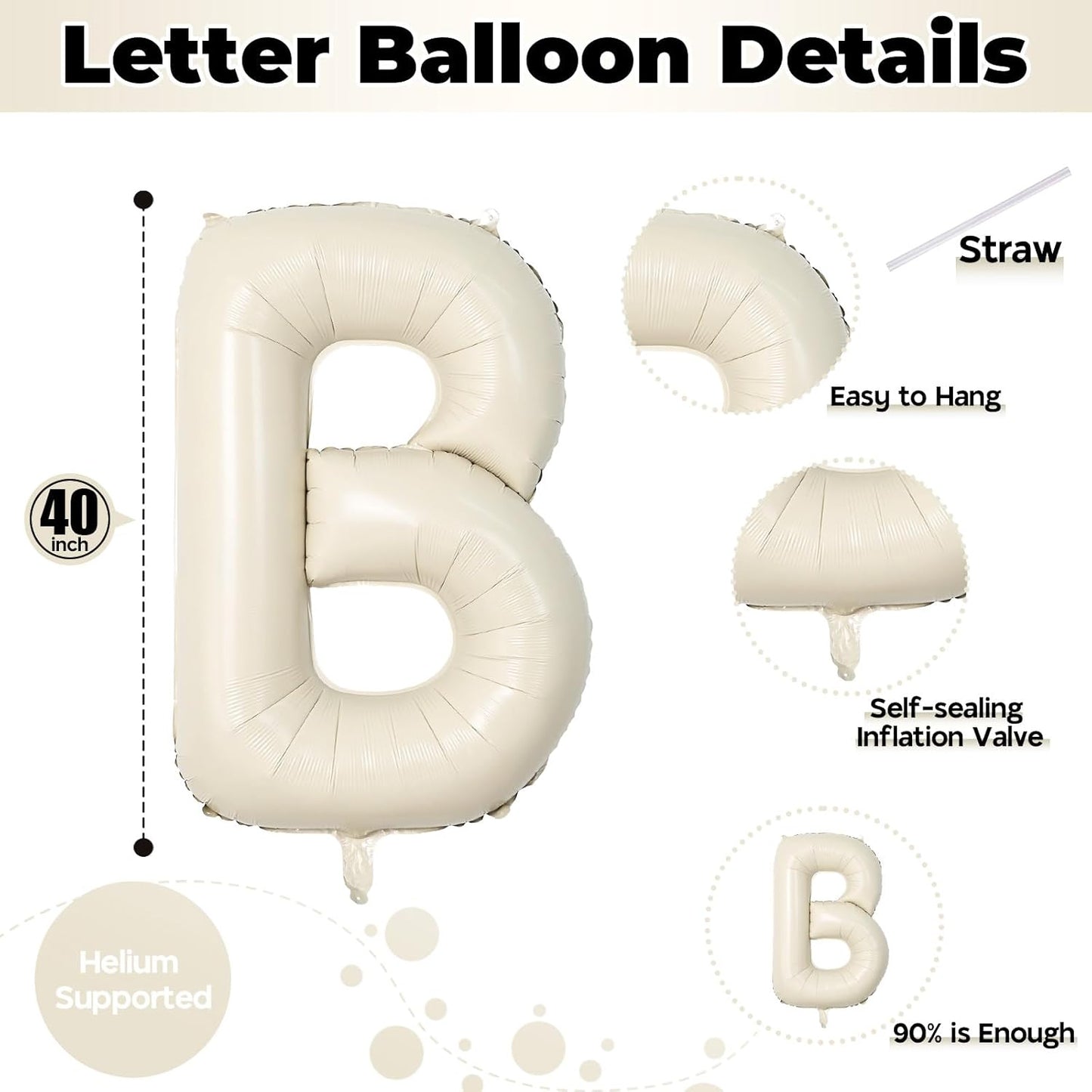 40 Inch Letter Balloons Cream, Big Alphabet B Foil Word Beige, Large Inflatable Name White Decor, Mylar Helium Custom for Women Birthday Party Decoration