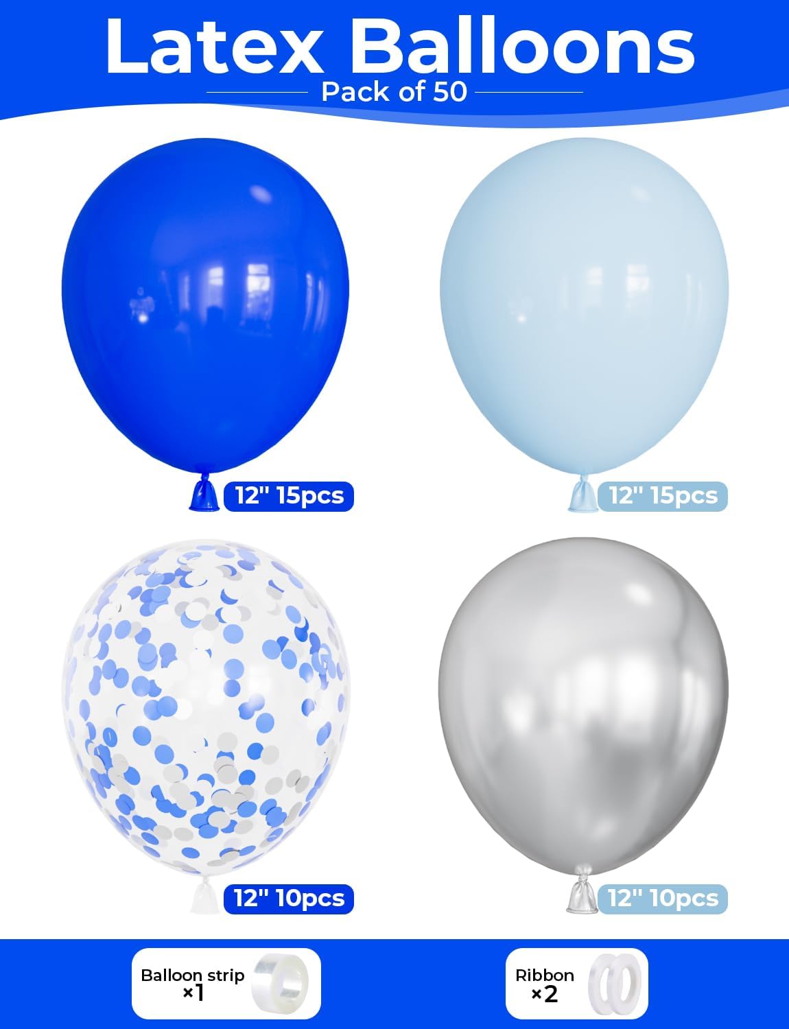 Royal Blue and Silver Balloons - Pastel Royal Blue Balloons Set Metallic Silver Balloon Glitter Silver Confetti Latex Balloon for Birthday Baby Showers Wedding Nautical Party Decorations