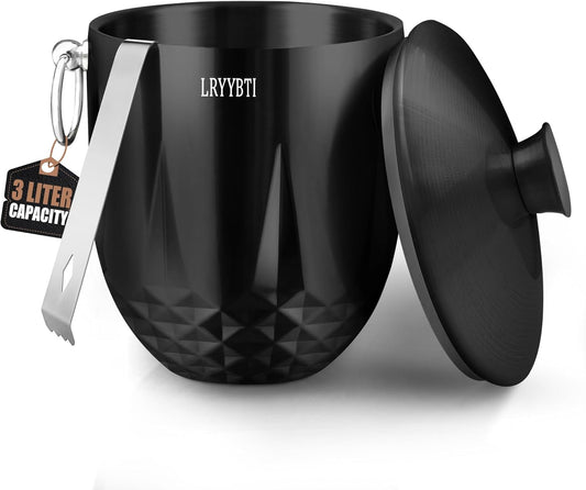 3L Ice Buckets for Parties and Cocktail Bar with Stainless Steel Lid,Tongs & Strainer(Black) Double-Wall Insulated Metal Ice Bucket Keep Ice Frozen Longer for Outdoor Champagne Ice Container Bin
