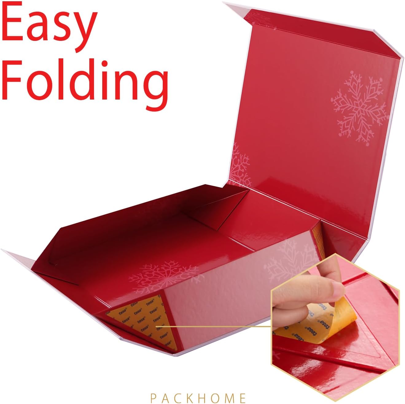 PACKHOME Christmas Gift Box 13x9.7x3.4 Inches, Large Gift Box with Lid, Sturdy Shirt Box with Magnetic Lid for Wrapping Gifts (Red Snowflake Pattern)