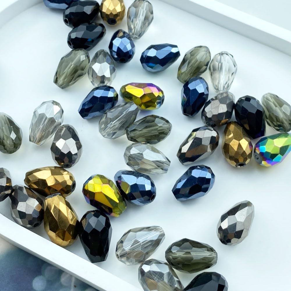 40pcs 10x15mm Teardrop Crystal Glass Beads Vertical Hole Faceted Loose Spacer Beads for DIY Craft Jewelry Making Necklace Bracelet Earring Wind Chimes(Black Series)