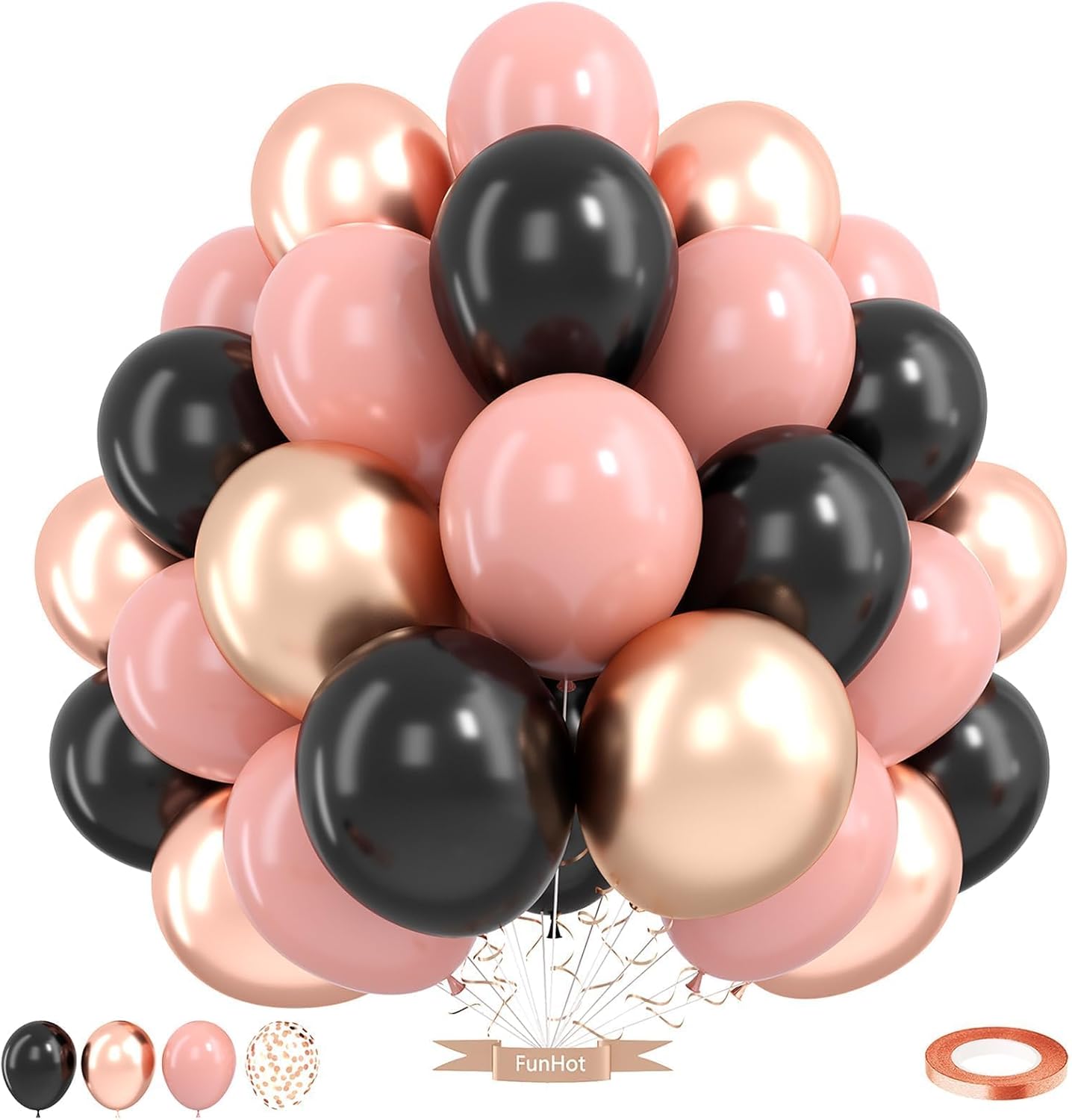 Rose Gold and Black Balloon,12 Inch Metallic Rose Gold Balloons Retro Pink Balloons for Birthday Wedding Bridal Shower Bachelorette Party Decorations