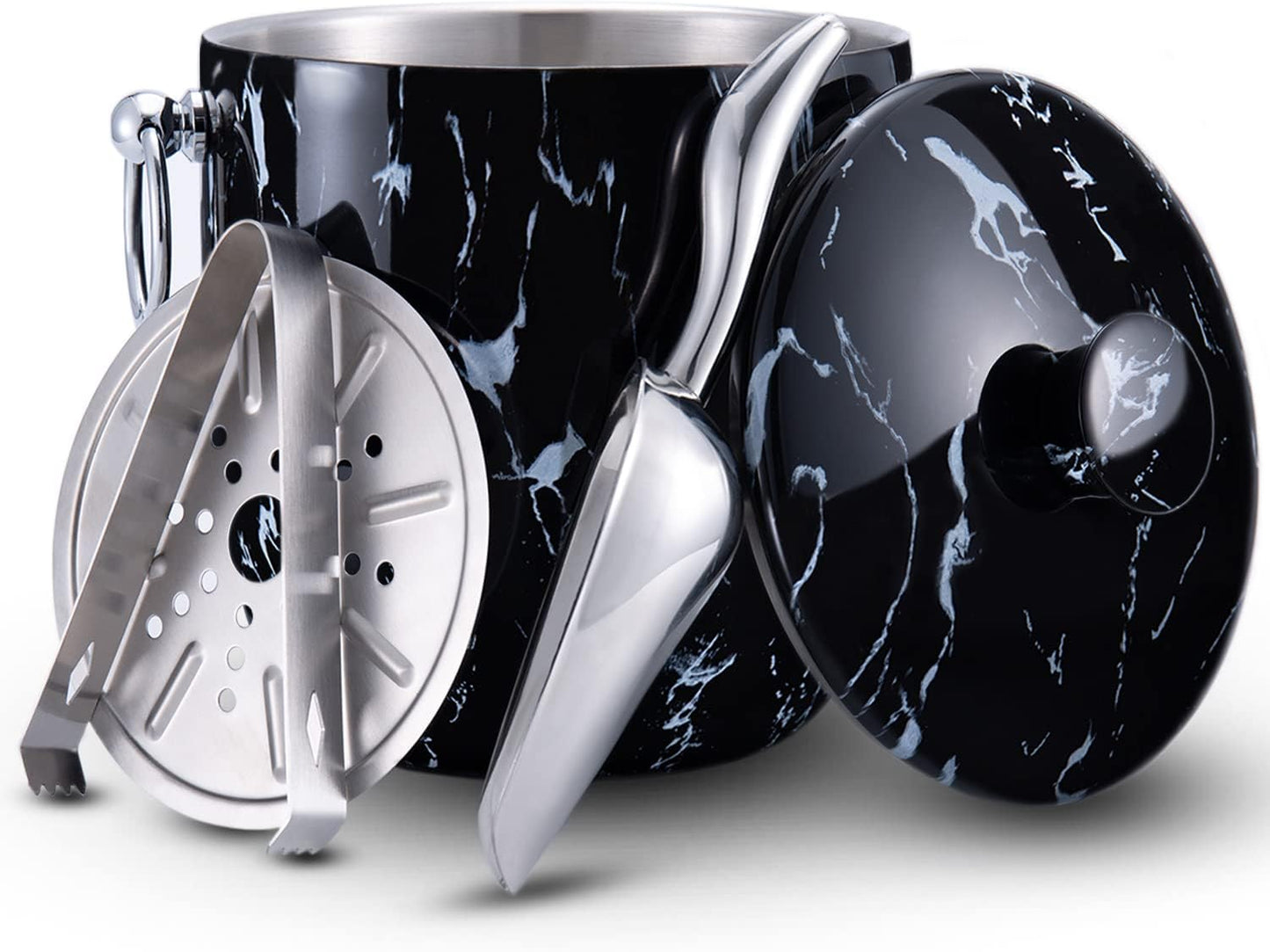 Ice Bucket with Lid, Scoop, Tongs and Strainer - Well Made Insulated Stainless Steel Keep Ice Frozen Longer - Ideal for Cocktail Bar, Parties, Chilling Wine, Champagne - 3 Liter (Black Marble)