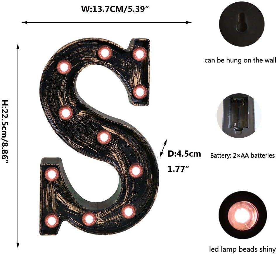 OYCBUZO Golden Black Led Marquee Letter - Industrial, Vintage Style Light Up Alphabet Letter Sign for Cafe Wedding Birthday Party Christmas Lamp Home Bar Initials Decor - S