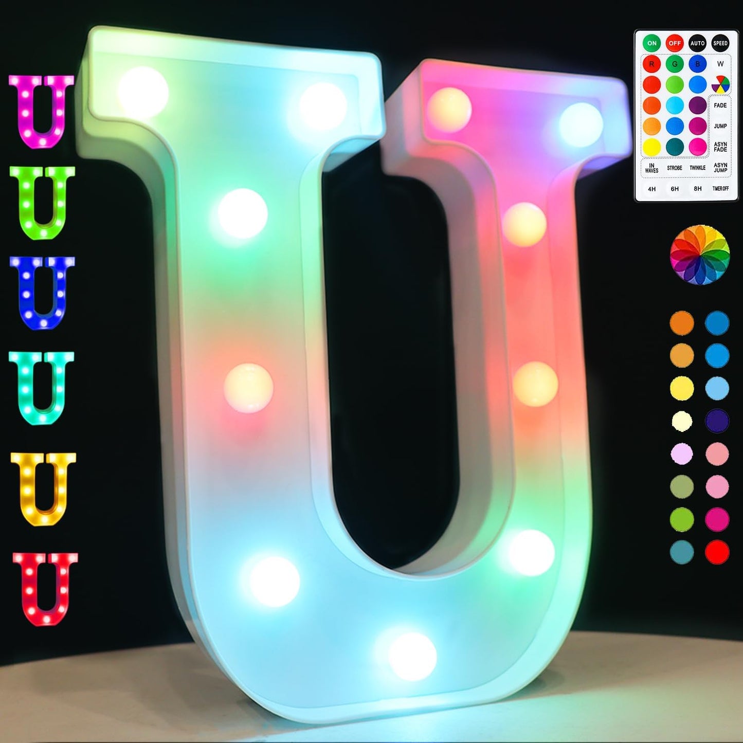 Light Up Colorful LED Marquee Letter lights, 18 Colors Changing Alphabet Letters Sign with Remote Timer for Night Light Girls Bedroom Wedding Birthday Party Lamp Christmas Home Bar Decor- Colorful U