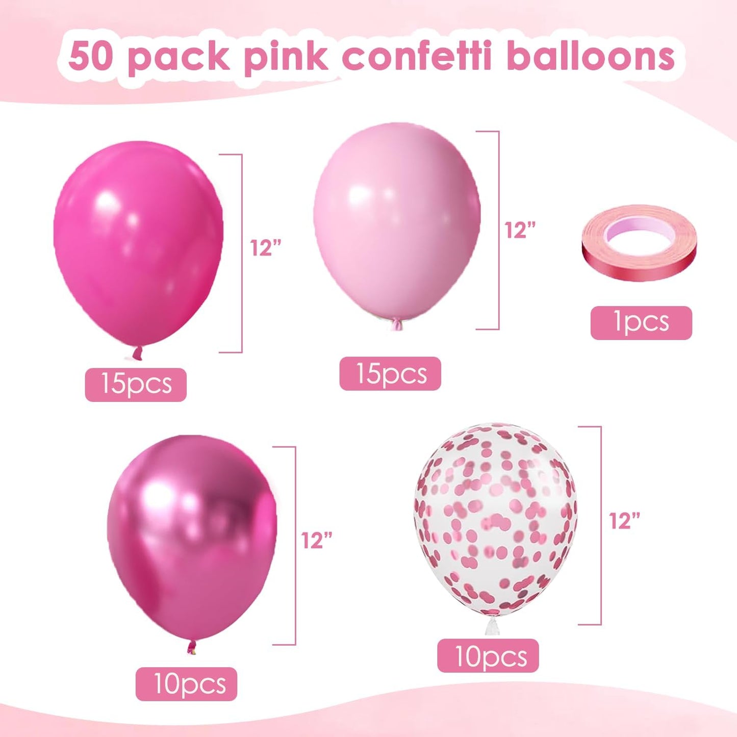 Light Pink Confetti Balloons, 50pcs 12 Inch Metallic Pink Balloons and Hot Pink Latex Balloons Baby Pink Balloon for Birthday Party Wedding Anniversary Gender Revea Princess Party Decorations