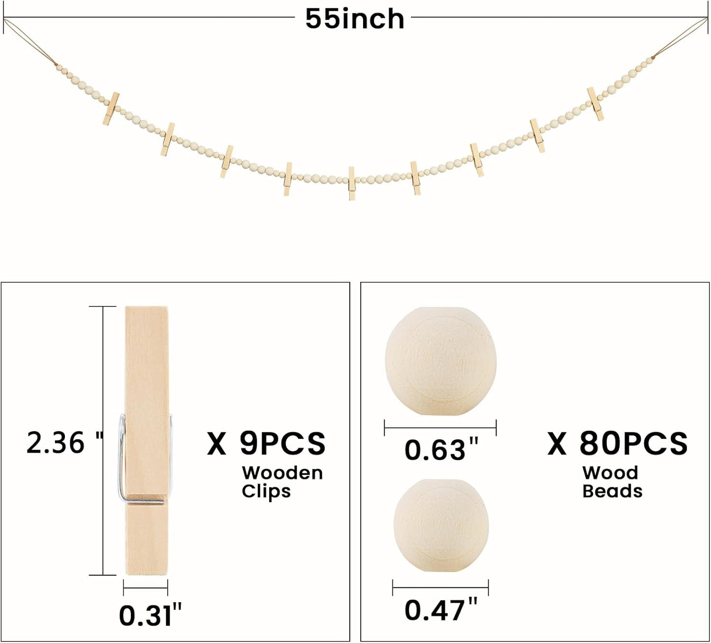 Hanging Photo Display Wall Decor, Boho Wooden Bead Garland Collage Picture Frame with 9 Wood Clips for Bedroom, Living Room, Office, Dorm Decor, Photos Holder Christmas Cards Teen Girl Gifts