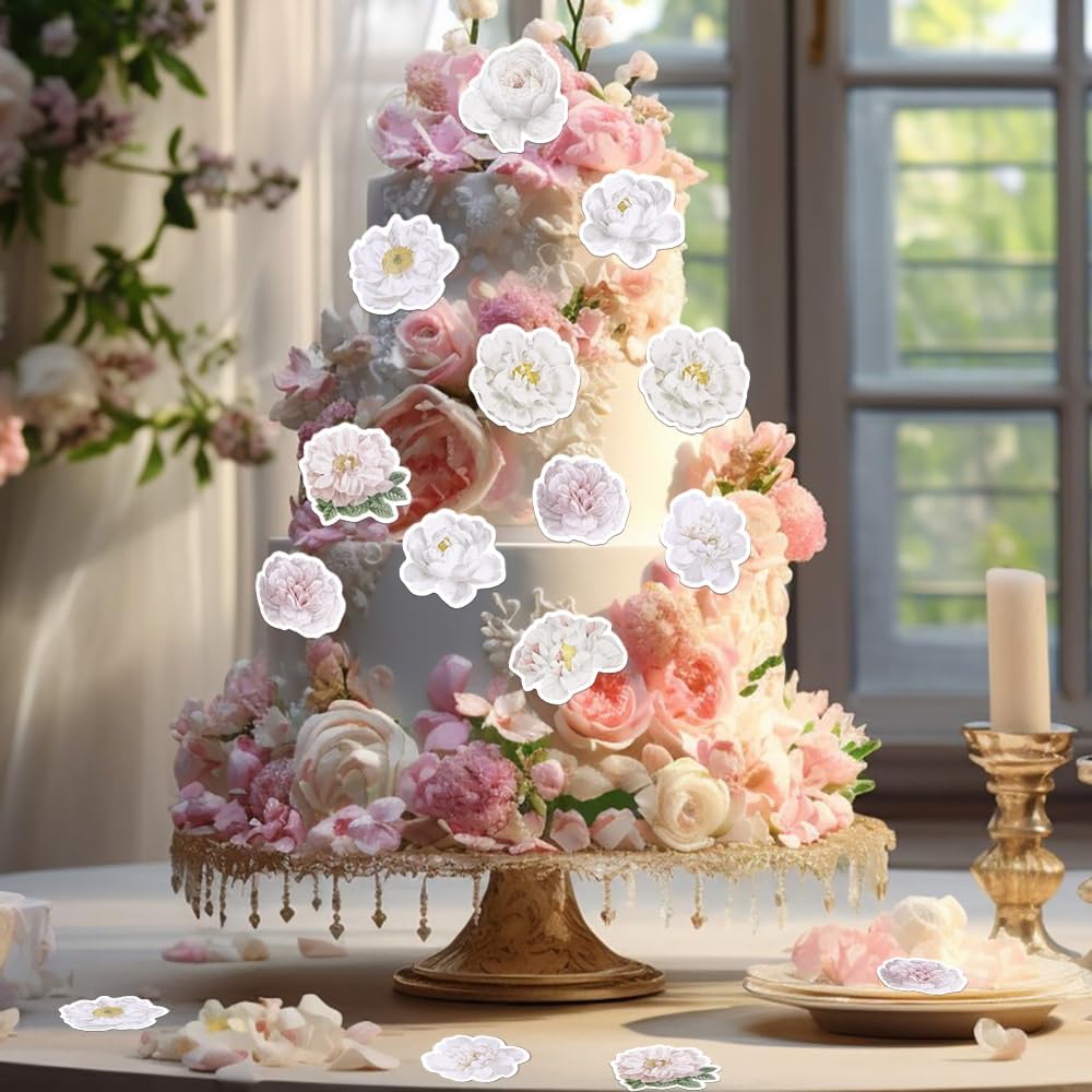 48PCS Edible Rose Flowers Cupcake Toppers Edible White Rose Flowers Cupcake Decor Wafer Paper Wedding Flowers Cupcake Picks for Flowers Theme Engagement Birthday Party Decor Supplies