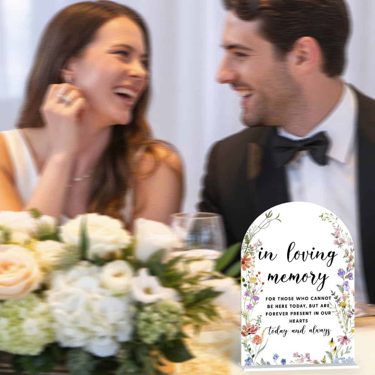 Acrylic Wedding Signs, In Loving Memory Signs for Marriage Reception, Bridal Shower Decorations, Modern Arched Round Top Acrylic Table Top Sign with Holder for Wedding Party (White Wildflowers)