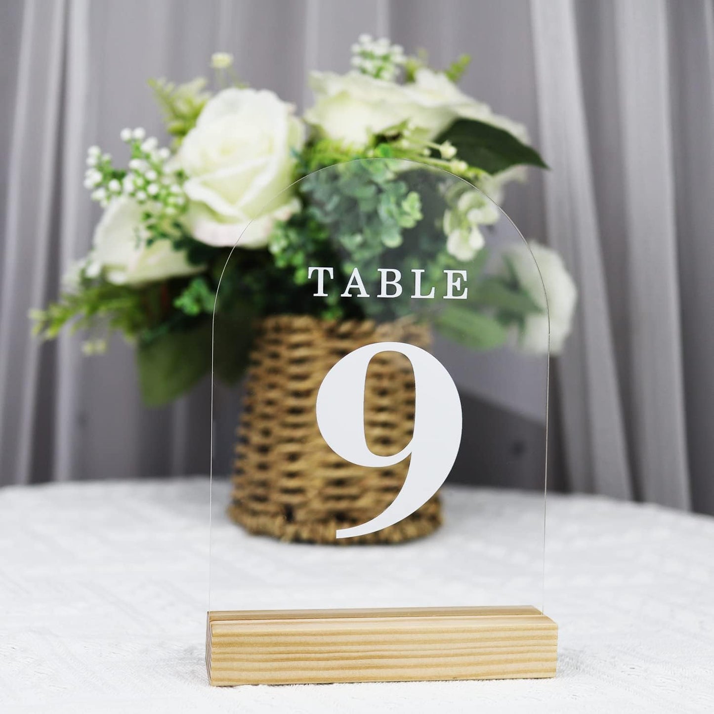 Clear Acrylic Sign with Wooden Stand Table Numbers DIY, 10 Pack Acrylic Sheets Table Signs for Wedding, 5x7 Inch Arch Signs Blank for Restaurant Party Bridal Shower (No printing included)