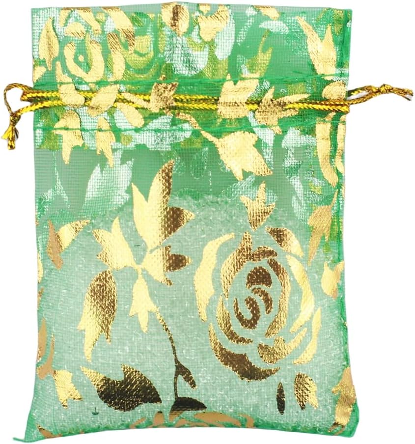 QIANHAILIZZ 100 Pack 2.8 x 3.5 Inch Flower Heart Organza Jewelry Gift Pouch Candy Pouch Drawstring Wedding Favor Bags B511S (green gold flower)