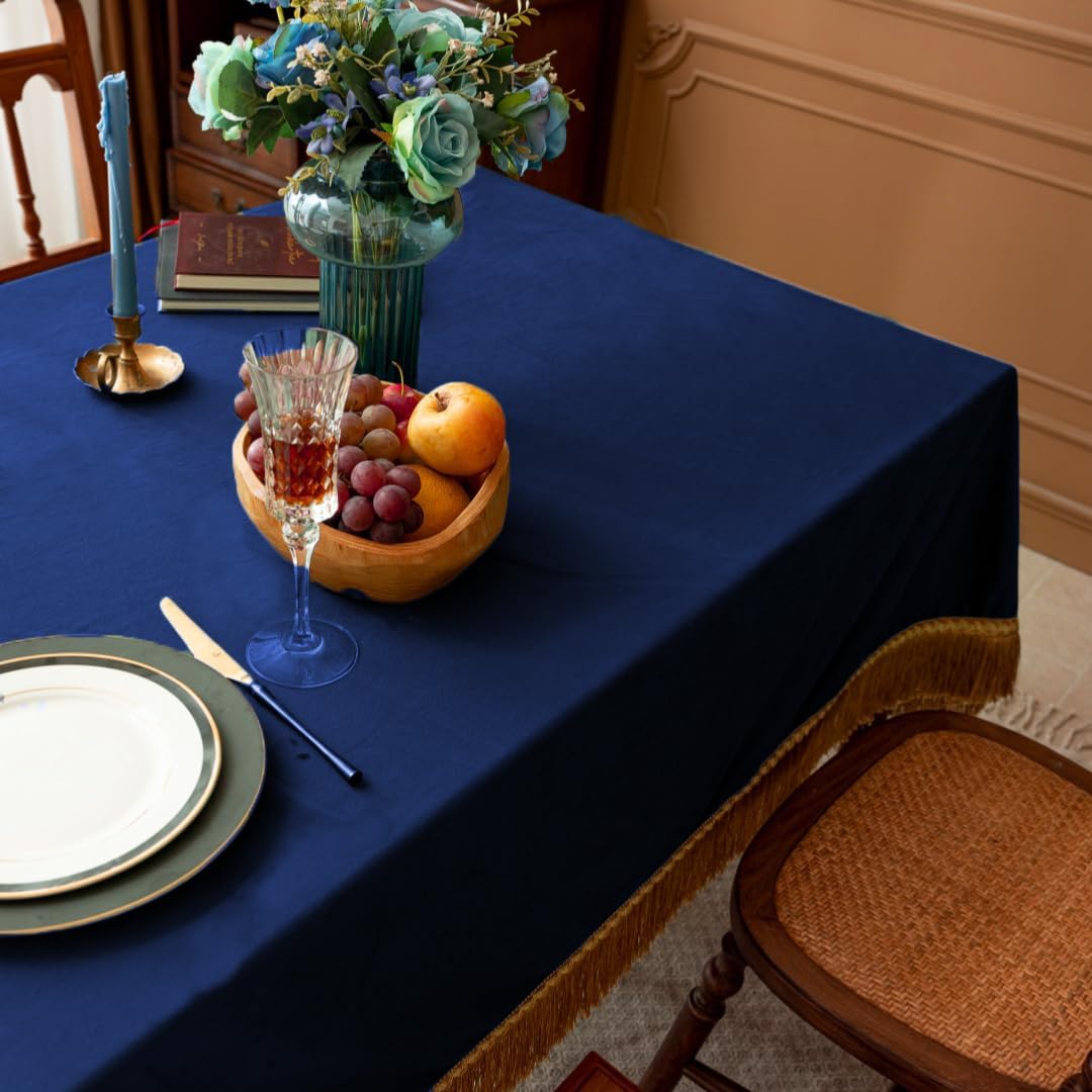 F-CHU Small Square Velvet Tablecloth with Beautiful Gold Tassels Vintage Table Cloth for Home Decor Wedding, Party, Banquet and Events 36x36-Inch，Blue