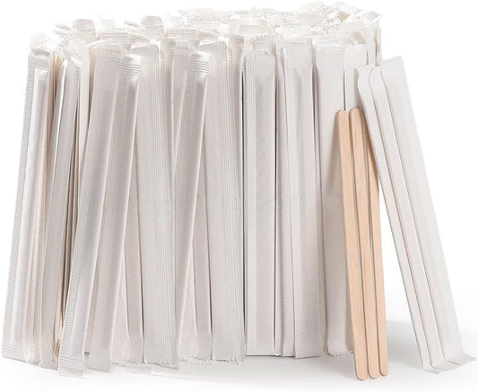 500pcs Individually Wrapped Wooden Coffee Stirrers - 5.5" Coffee Stir Sticks, Round End Disposable Stir Sticks, For Coffee, Cocktail and Hot Drinks