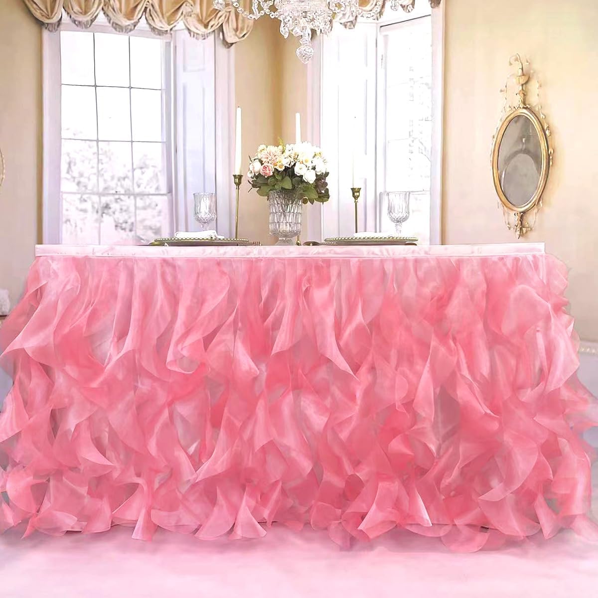 Luxury Organza Mesh Table Skirt Draping Floating Romance - Perfect for Bridal Showers, Birthday Weddings - Clear Flowing Decoration for a Wonderful Main Cake Table (Watermelon Red-6ft, 72" L×30" H)