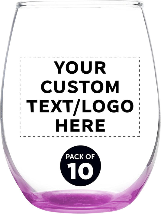Custom Stemless Wine Glass 9 oz. Set of 10, Personalized Bulk Pack - Great for Wedding Favors, Bachelorette Party Decorations, Party Favors, Color Bottom - Pink