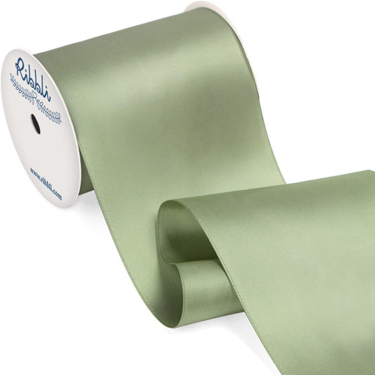 Ribbli Dusty Sage Satin Ribbon 4 Inch Wide Sage Green Ribbon for Wedding Chair Sash Grand Opening Ceremony Big Bows Gift Wrapping Floral Crafts Cake Decor-Double Faced Satin Continuous 10 Yards