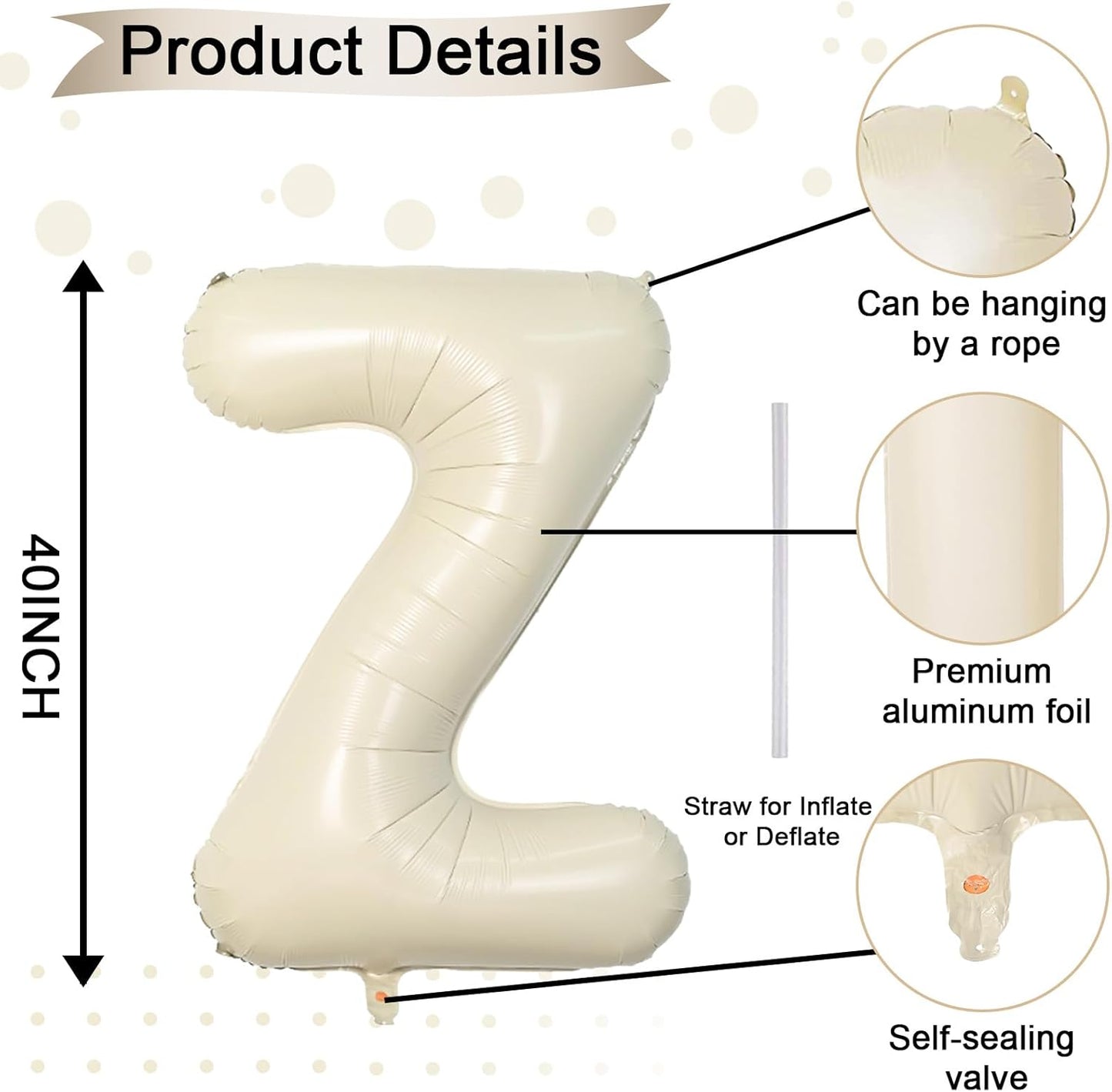 40 Inch Letter Balloons Z, Big Custom A-Z Alphabet Foil Name Balloon Cream White, Self Inflating Beige Customize Helium Balloon Letters Z for Women Girls Birthday Bride Baby Shower Party Decorations