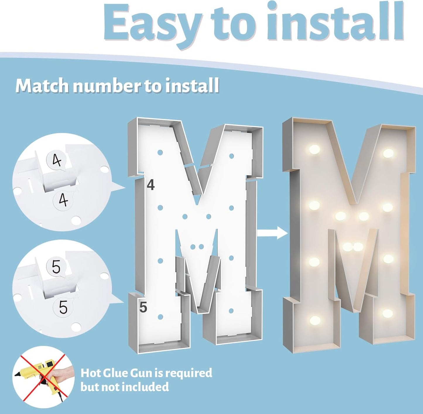 4FT Marquee Light Up Letters M,Party Decoration Large Marquee Light Up Letters with Weighted Water Bag,Pre-cut Foam Board Set Can Be Used for Birthdays,Weddings,Baby Anniversaries