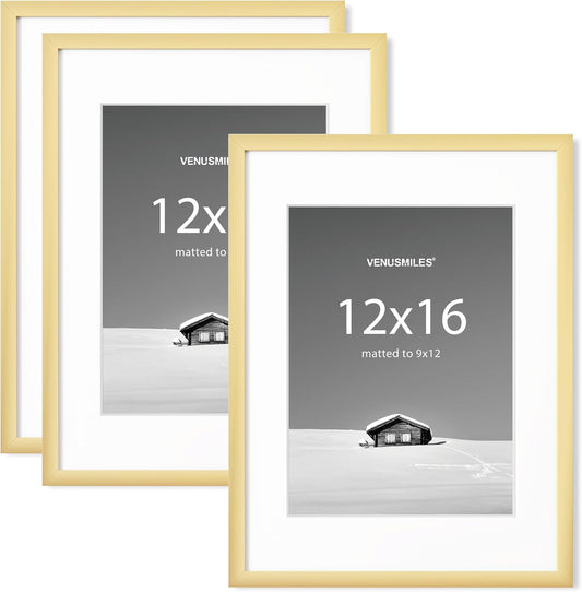 12x16 inch Picture Frame, 12x16 Photo Frames with 8.5x11 Removable Mat - High Definition Plexiglass - Vertical and Horizontal Display - Wall Hanging Frame - Gold, 3 Pack