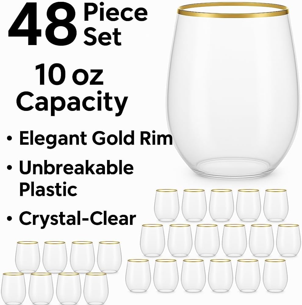 48 piece Stemless Unbreakable Crystal Clear Plastic Wine Glasses Set of 48 Small (10 Ounce - Gold Rim)