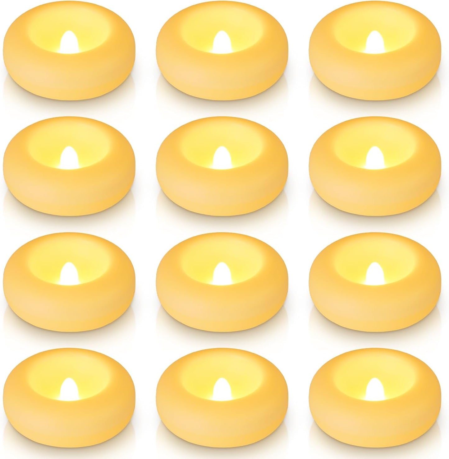 Aignis 12pcs Flameless LED Floating Candles Battery Operated, 120+ Hours Glow Time, 3 Inch Ivory Plastic Tealights, Cozy Warm Yellow Light for Romantic Pool/Bathtub/Hot Bath/Wedding Centerpiece Decor