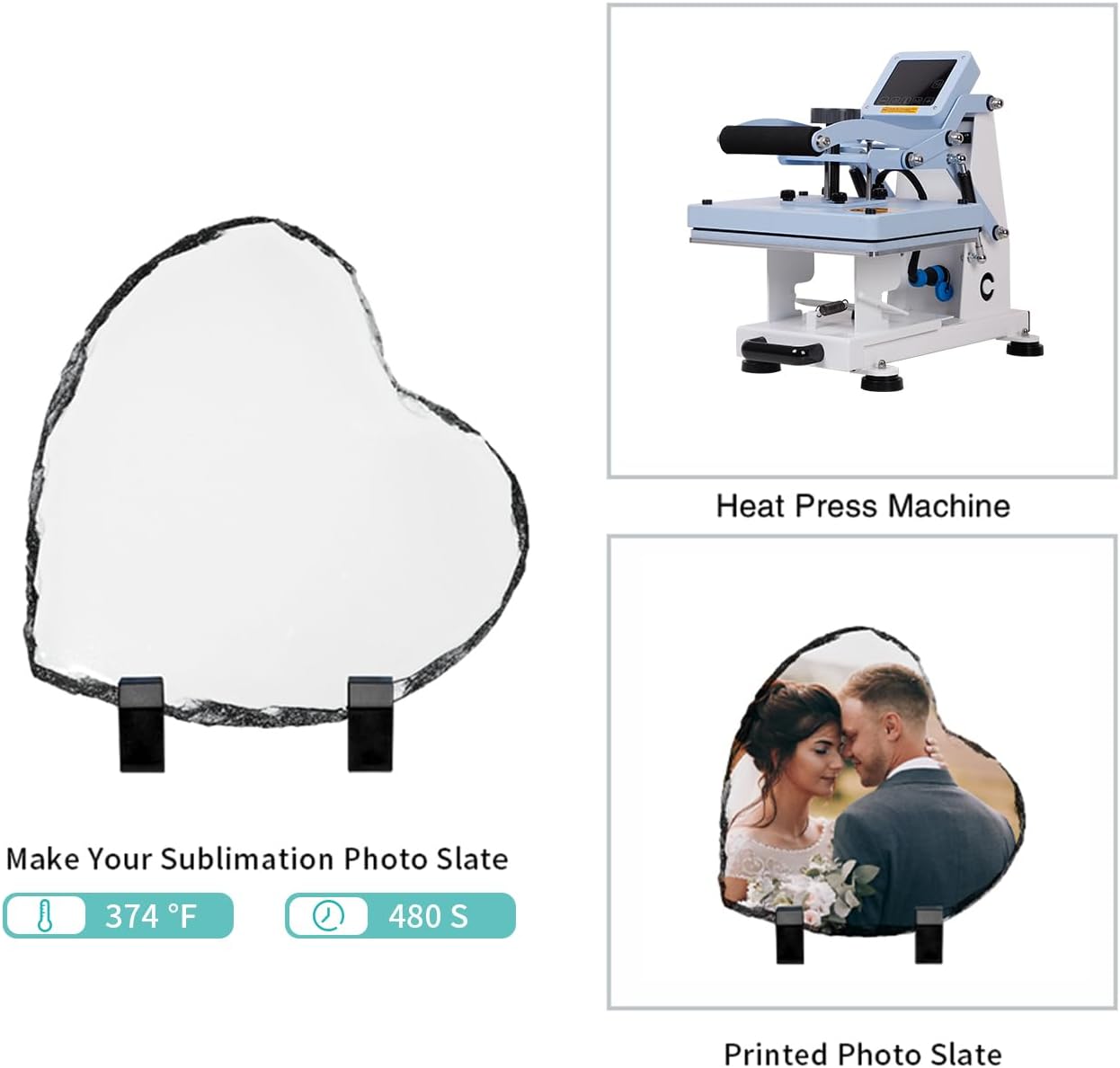 PYD Life 12 Pack Sublimation Photo Slates Heart Shape Rock Blanks 5.3 x 5.3 Inch Bulk Square Stone Frame White with Display Holder for Heat Press Transfer Printing