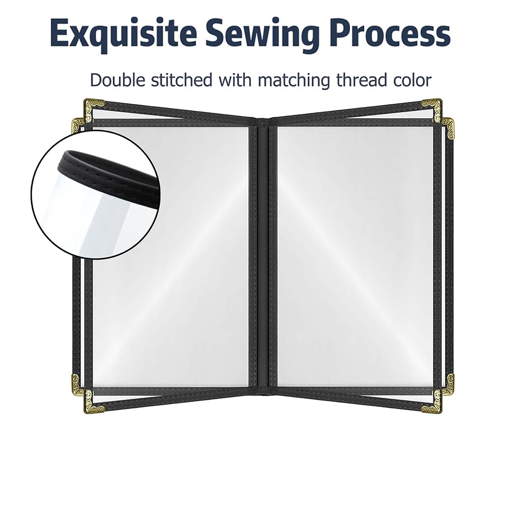 Goodsmart Restaurant Menu Covers – 25 Pack Black 8-View Booklet 8.5" x 14", Side-Loading Vinyl & Plastic Menu Holders, Clear Menu Sleeves, Leather-Style Café Covers with Gold Corners