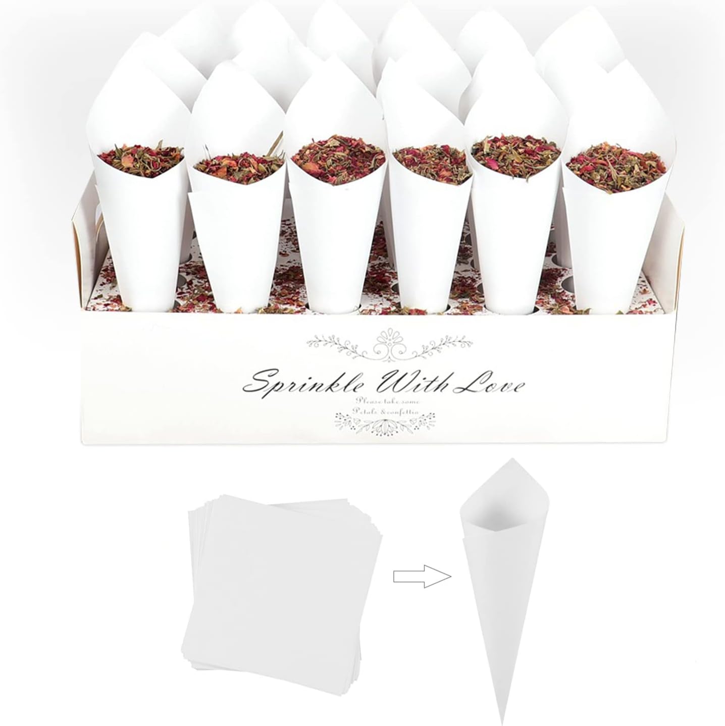 30 Pieces biodegradable confetti Cones and Stand Tray Paper Cone Box 30 Holes Suitable Placing Dried Flower Petals Confetti for Wedding, Engagement, Party, Birthday (White)