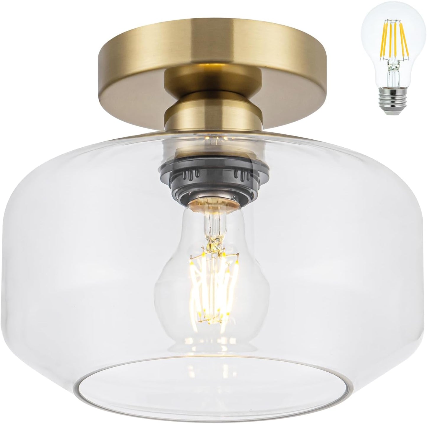 Golden Semi Flush Mount Ceiling Light - Includes 900LM Bulb (60W Eqv) - Clear Glass & Brass Fixture for Hallway, Bathroom, Kitchen Lighting