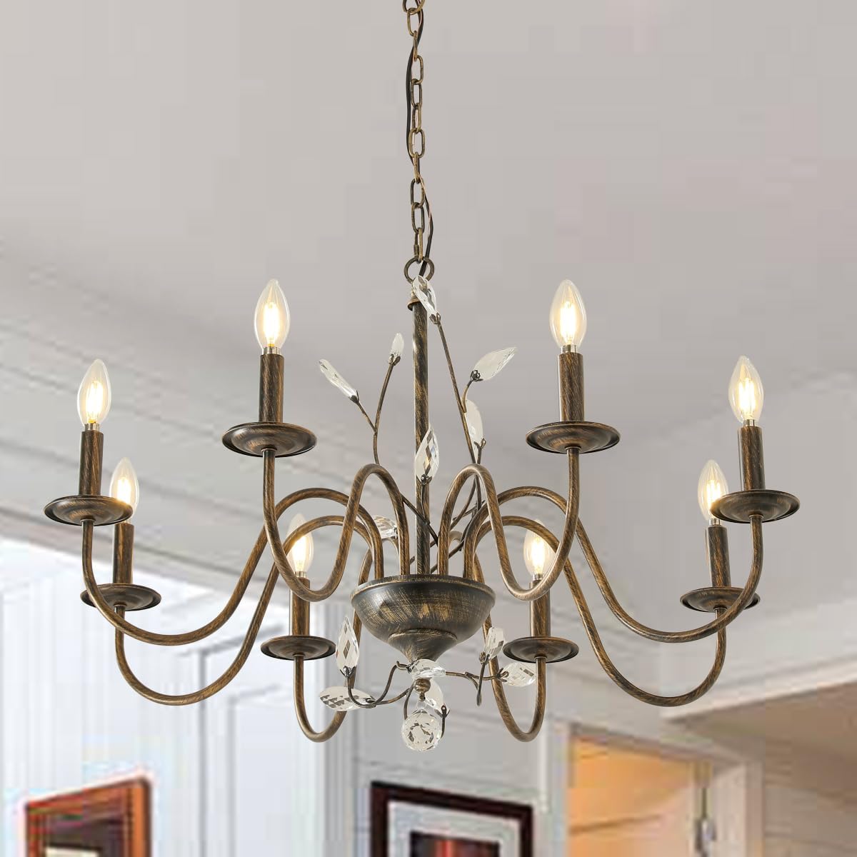 Farmhouse Crystal Chandelier,32 Inch Modern Flower Branch Oil-Rubbed Bronze Rustic Vintage Hanging Pendant Ceiling Light Fixture for Living Room Dining Room Bedroom Foyer Entryway
