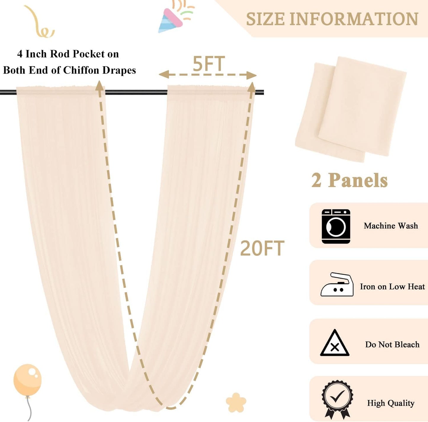 MODFUNS Champagne Ceiling Drapes for Parties 2 Panels 5FTx20FT Sheer Fabric for Draping Chiffon Curtain Ceiling Backdrop Wedding Arch Drapes Fabric Tulle Wedding Curtains Banquet Hall Tent Drapery