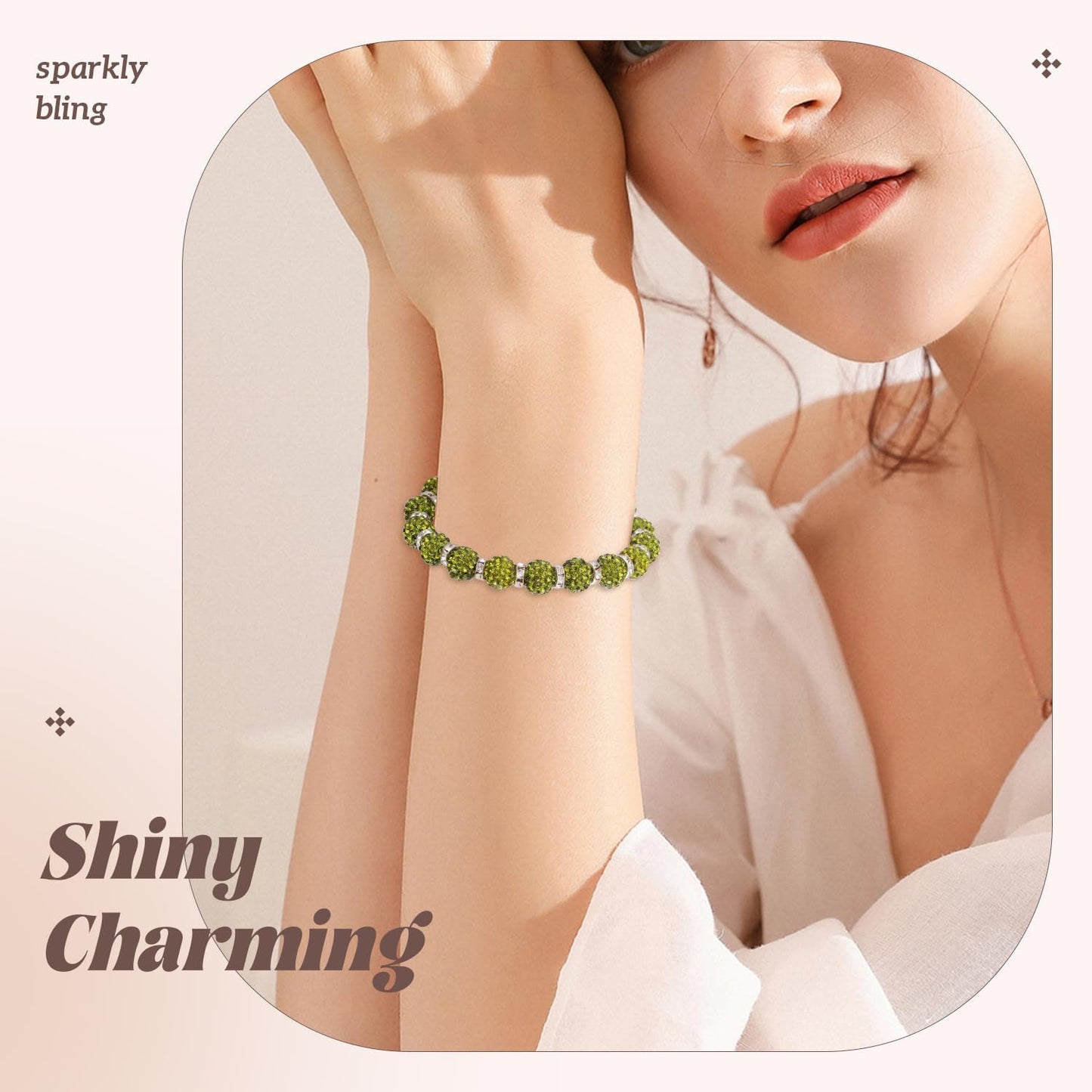 160pcs 10mm Rhinestone Beads for Jewelry Making, Olivine Shiny Round Disco Ball Beads Bulk, Sparkle Crystal Clay Christmas for Bracelet Baseball Necklace Earring Crafting and DIY