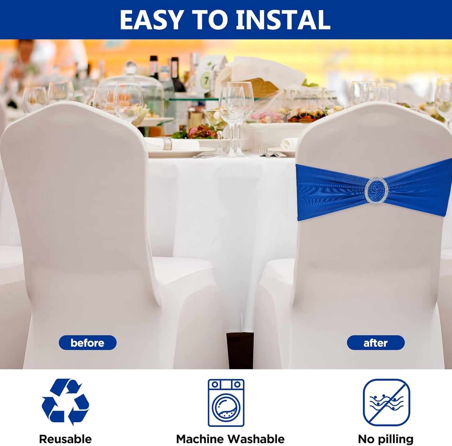 CHENGU 150 Pieces Spandex Stretch Chair Sashes Bows Elastic Chair Cover Bands Ties with Buckle Slider for Wedding Party Reception Events Universal Ceremony Banquet Decorations (Blue)