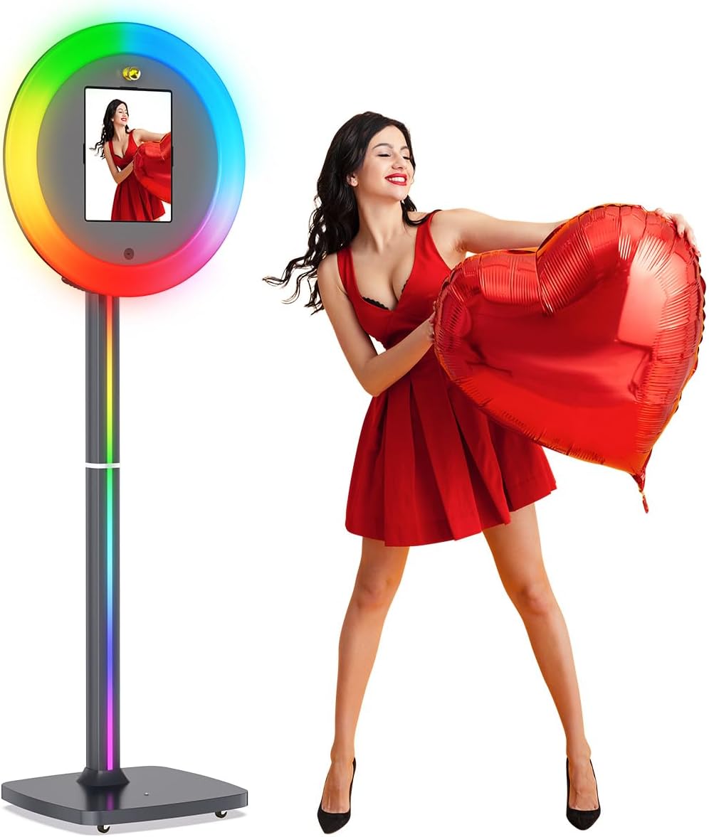Portable Photo Booth Stand for iPads with Cyratok APP/Voice Control and RGB Fill Light Lightweight Aluminum Alloy Photobooth Machine Perfect for Parties,Wedding and Events(Black)
