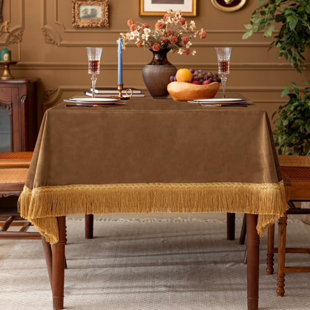F-CHU Luxury Camel Tablecloth Thickset Velvet Tablecloth with Beautiful Gold Tassels Vintage Table Cloth for Home Decor Wedding, Party, Banquet and Events 60x86-Inch