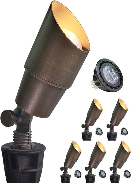 MALORY Brass Landscape Spotlight 6-Pack with Bulb(S01), Low Voltage 12V AC/DC LED Outdoor Landscape Lighting,PVC Ground Stake and Wire Connector Included, Garden Patio Trees Spot Uplight