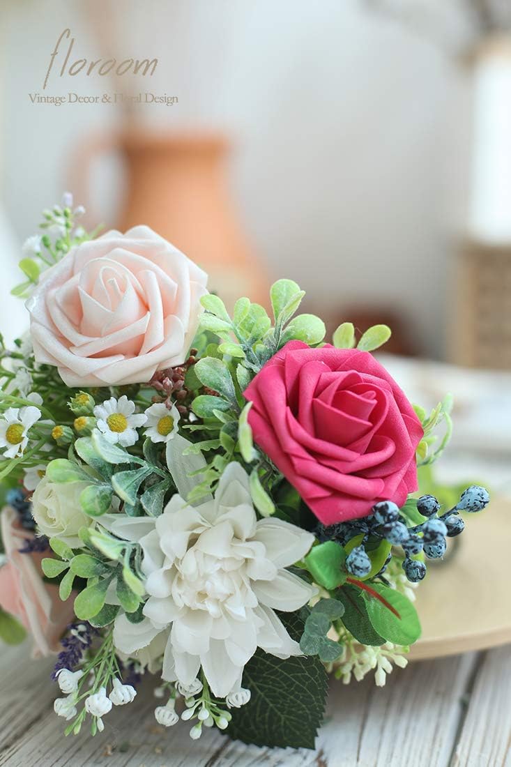 Floroom Artificial Flowers 50pcs Real Looking Fuchsia Foam Fake Roses with Stems for DIY Wedding Bouquets Bridal Shower Centerpieces Floral Arrangements Party Tables Home Decorations