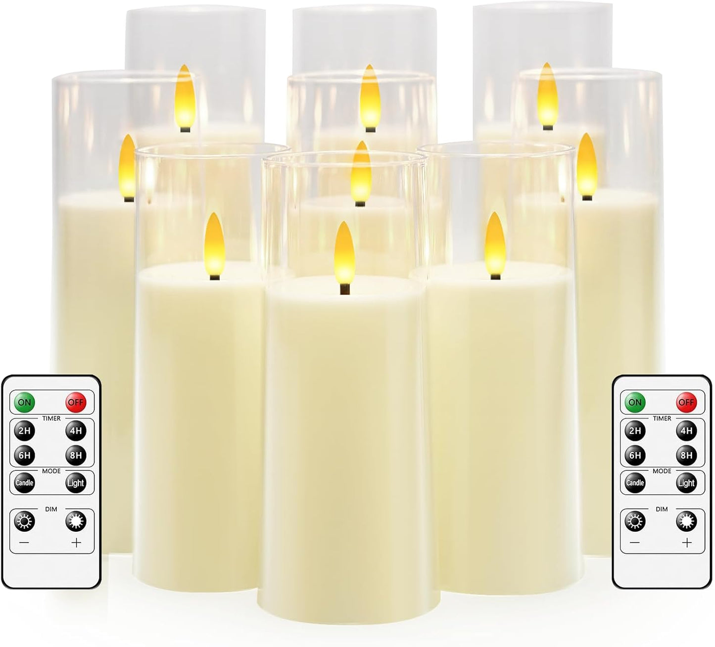 Flickering Flameless Candles Battery Operated with Remote and 2/4/6/8 H Timer Plexiglass Led Pillar Candles Pack of 9 (D2.3"xH 6"7"8")with Realistic Moving Wick Candles for Home Decor(Ivory)