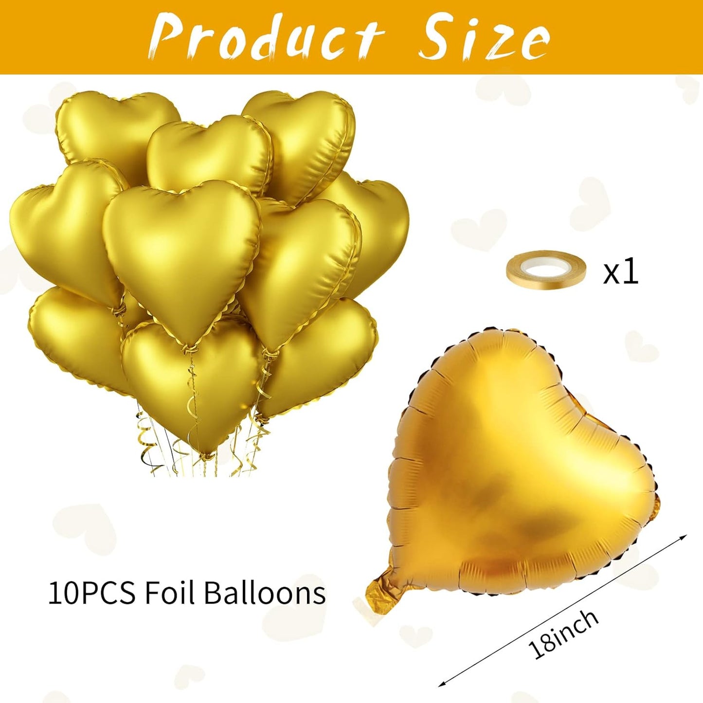 Foil Heart Balloons Gold - 10PCS Heart Shaped, 18inch Metallic Love Foil Balloons for Helium, Golden Wedding, Valentine's Day, Birthday Party, Anniversary