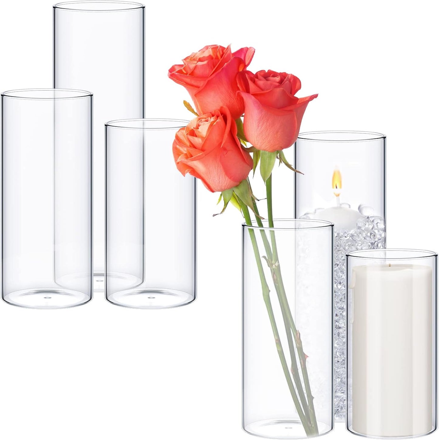 Sawysine 6 Pcs Glass Cylinder Vases 2.5''/2.95''/3.9'' Diameter Clear Flowers Vase Hurricane Floating Candles Holders for Table Centerpieces (3.9 x 8 in,3.9 x 10 in,3.9 x 12 in)